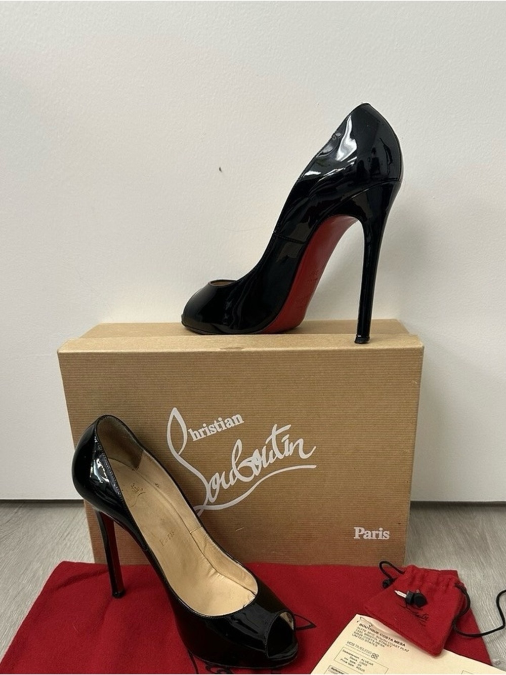 Christian Louboutin Black Patent Peep-Toe Pumps with Signature Red Sole